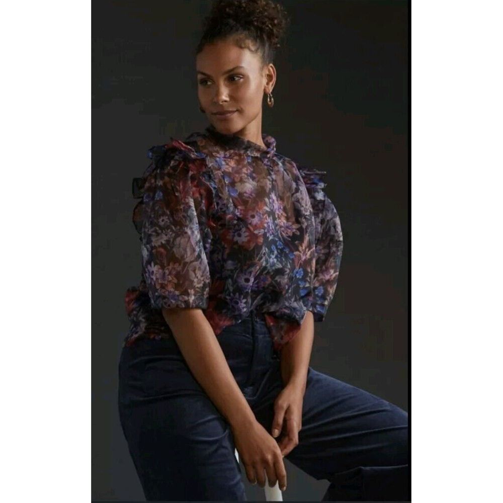 Maeve Sheer Floral Ruffle Blouse in Navy, Purple & Rust